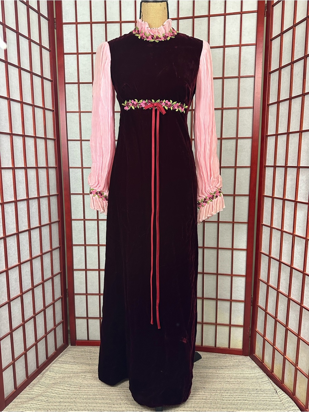 Vintage 1970s Red Velvet Renaissance Revival Edwardian Empire Waist Maxi Dress